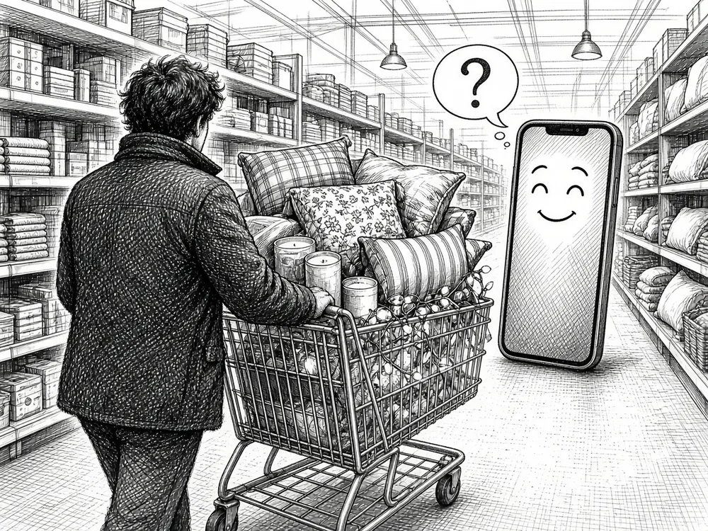 Pen-and-ink cartoon of a shopper seen from behind pushing a cart overflowing with throw pillows, candles and string lights while a giant smiling smartphone with a question-mark speech bubble floats beside them