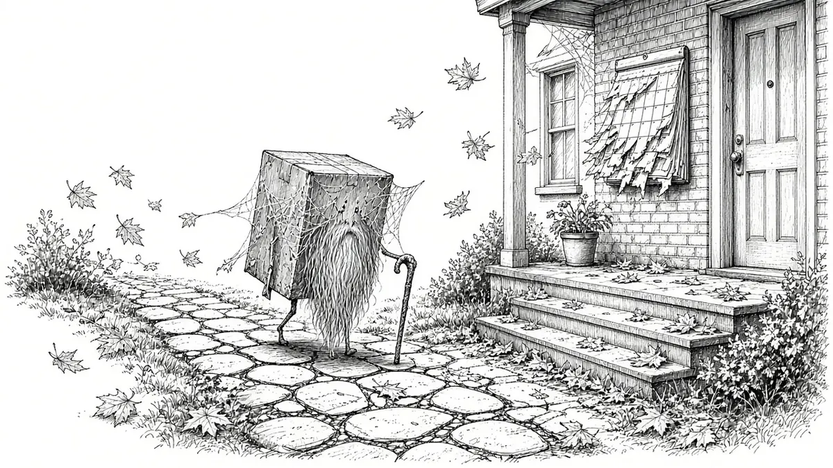 Pen-and-ink illustration of an elderly cardboard package with a long beard and a cane hobbling up a front walk covered in cobwebs, as calendar pages blow away